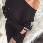 American Threads Boutique lace up knit sweater Tan Neutral Nude Photo 1