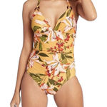 Kona Sol  Women's Tortoise Ring High Coverage Swimsuit Yellow Floral Size M Photo 0
