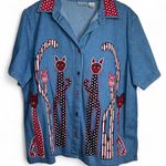 vintage 90s 1990s retro red white Blue denim button Photo 2