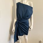 Lulus Elegant Dark Teal Blue Satin Asymmetrical Tie Front Dress Women’s M – NWT Photo 3