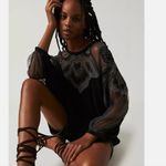 Free People NEW Toni Blouse Black Mesh Lace Trim Super Oversized Photo 1