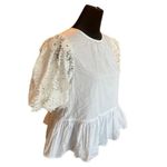 ZARA oyster white poplin peplum‎ blouse with contrast lace puff sleeves Photo 6