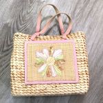 Flower Wicker Straw Basket Gingham Purse Bag Pink Photo 0