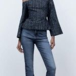 ZARA  textured navy tweed flare sleeves off the shoulder top Photo 0