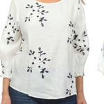 Kindred  White Navy Floral Embroidered Gauzy 3/4 Sleeve Blouse Size XL Photo 0