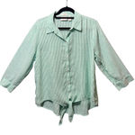 Chico's  No-Iron 100% Linen Button Front Tie Hem Shirt Green White Stripe Size 2 Photo 0