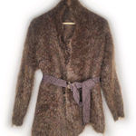 Vintage Brown Long Hair‎ MOHAIR Blend Open Cardigan Sweater Knit Belt Fuzzy Size M Photo 0