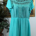 Chic Turquoise Crochet Mini Dress Pleated Short Flutter Sleeve Size XXL Green Photo 0