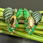 Vintage Juliana? Emerald Green Striped Rhinestones Goldtone Clip On Earrings 16g Photo 0