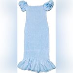 Baltic Born Alana Smocked Off-Shoulder Puff Sleeve Baby Blue Mermaid Midi Dress L Photo 5