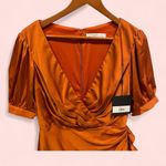 Mac Duggal  NWT pumpkin spice sexy satin puff sleeve mini ruffle dress faux wrap Photo 3