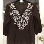 Jones New York New York Jones Top Womens Sz Large L Brown Embroidery Tie Neck Long Sleeve EUC Photo 4