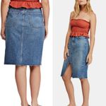 Free People NWT $98  Indigo Denim 5-Pocket Pencil Front Slit Knee Length Skirt 2 Photo 1