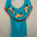 JODIFL Turquoise Embroidered Floral Off Shoulder Pom Pom Top Medium Photo 0