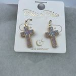 NWT Chic & Chic shimmering druzy quartz cross in opal pink earrings. Gold Photo 1