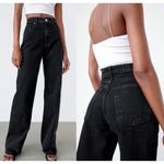 ZARA  High Rise Waisted Wide Leg Raw Hem Black Denim Jeans Women's Size 14 Photo 2