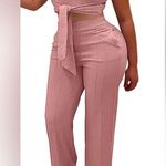 Woman's 2 Piece Outfit Pink Sexy Tie Front Crop Top Wide Leg Pants Set. Size L Photo 0
