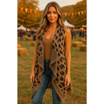 Leopard Print Waterfall Cardigan Vest Open Front Boho Buttery Soft M/L Festival Black Size M Photo 1