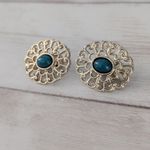 Vintage Clip On Earrings Large Ornate Gold Tone with Dark Teal Center Statement Green Photo 2