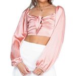Princess Polly Cropped Long Sleeve Estee Top in Light Pink Satin Size 4 Photo 0