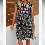 KIRUNDO Ruffle Sleeve Navy & White Dress with Embroidered Floral Details Blue Size M Photo 1