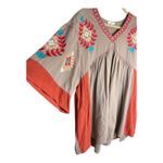 easel  Embroidered V Neck Tunic Dress Mocha boho Festival Kimono Sleeve Photo 4