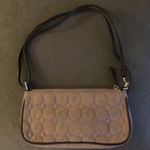 Liz Claiborne Small Clutch Purse in Tan Suede with Pink Circle Pattern Baguette Photo 0
