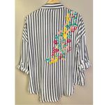 Everly Floral Embroidered Blue and White Striped Button Down Shirt Top Blouse Photo 4