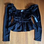 Six/Fifty Silky Black Milkmaid Top with Keyhole Bow and Ruffles, Size S, NWT Photo 0