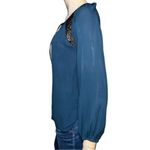 Ramy Brook Women’s Size XS Blue Black Silk Tie Front Long Sleeve Top Blouse Photo 2