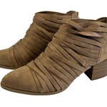 Fergie Fergalicious Tan Strappy Block Heel Ankle Boots Women 6.5 Moto Fringe Brown Photo 0