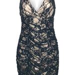 Speechless Y2K Ruched Black Lace Overlay Cream Nude Flesh Illusion Open Keyhole Back Sleeveless V Neck Knee Length Midi Mini Dress Medium Sexy Formal Black Tie Cocktail Evening Photo 0