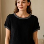 Natural Life Black Fuzzy Knit Short Sleeve Sweater Top Gray Trim Size Large Photo 0