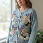 Vintage Northern Isles Hand Embroidered Angels Cardigan Sweater Cottagecore XL Blue Photo 0