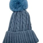 ILLUMA Women’s Blue Cuffed Cable Stitch Faux Fur Pom Pom Beanie Hat NWT Photo 0