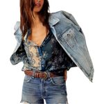 Free People We The Flower Patch Button Down Flowy Blouse Indigo Blue Combo XS Photo 1