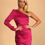 Lulus  Happy Hour Chic Magenta Satin Ruched One-Shoulder Mini Dress size small Photo 0