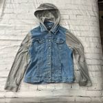 Live a Little Vintage Denim Hoodie Jean Jacket Women’s XL Gray Knit Sleeves Blue Photo 1