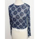Divided  Women's Argyle Diamond‎ Lace Trim Long Sleeve Crop Top Blue White XS Photo 5