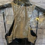 La Femme  Stretch Jersey Maxi Dress High Neck Bling Prom Formal Black & Gold 4 Photo 6