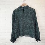 ZARA Sheer Ruffle Elastic Cuff Blouse Black Blue Print High Neck Long Sleeve L Photo 4