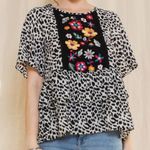 Oddy Animal Print Embroidered Flowers Layered Blouse Black White Size 2XL Photo 3