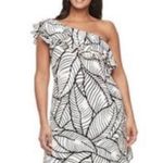 Apt. 9 Asymmetrical White/Black Leaf Print Ruffle One Shoulder Shift Dress Photo 2
