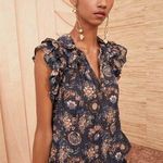 Ulla Johnson  Elisa Top Twilight Size 0 Ruffle Flutter Short Sleeve Tie Neck Boho Photo 0