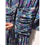 Vintage Floral Print Pleated Midi Dress Women's Long Sleeve Ruched Waist Purple Size 8 Photo 9