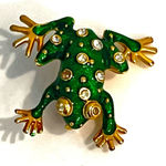 American Vintage FROG BROOCH PIN 1.25" Enameled Gold Green Crystal Rhinestones Photo 0