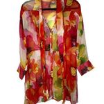 Chico's Chico’s Floral Silk Button Down Sheer Tunic Blouse w/Belt or Tie EUC Sz Lg Red Photo 0