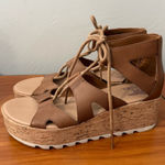 Sorel Cameron Flatform Leather Sandal Platform Lace Up Gladiator Velvet Tan 9 Photo 0