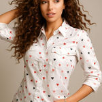 Christopher & Banks  Petite Medium White Button Up Shirt Pink Red Heart Print Top Photo 0