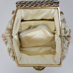 Vintage Womens Change Purse Bag Cream Beaded Floral Embroidery Handbag w/ Mirro Photo 3